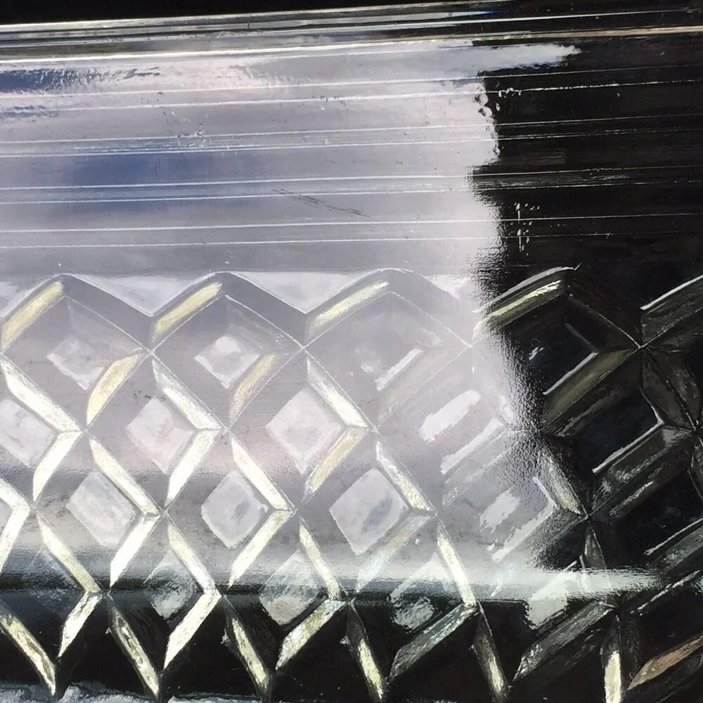 Vintage Clear Cut Glass Square Serving Bowl Dish Geometric Diamonds Retro Ornate